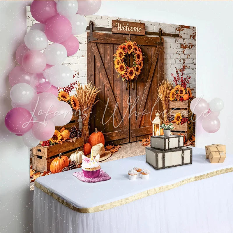 Celebrate Rustic Autumn Barn Door Photography Backdrop for Fall Beautiful Sunflower and Pumpkin Background for Studio Photo