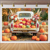 Celebrate Rustic Autumn Harvest Backdrop with White Pumpkin Truck Beautiful Fall Thanksgiving Background for Studio Photo Booth