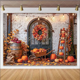Celebrate Rustic Autumn Harvest Thanksgiving Backdrop with Pumpkins Vintage Brick Wall Background for Fall Party Decoration