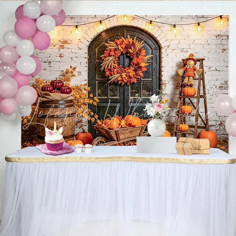 Celebrate Rustic Autumn Pumpkin Thanksgiving Backdrop for Party Vintage Brick Wall Banner for Studio Photography
