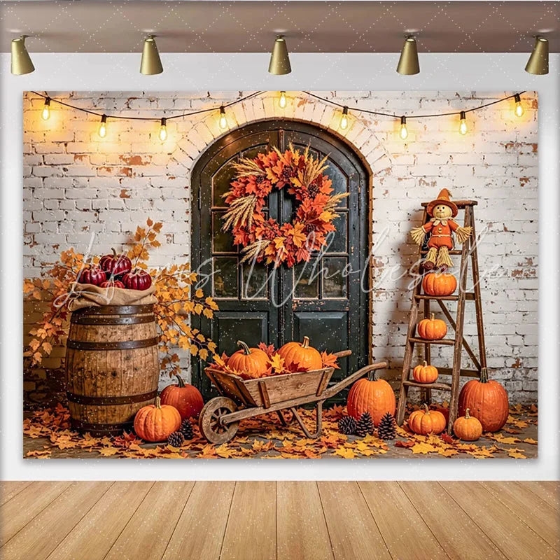 Celebrate Rustic Autumn Pumpkin Thanksgiving Backdrop for Party Vintage Brick Wall Banner for Studio Photography
