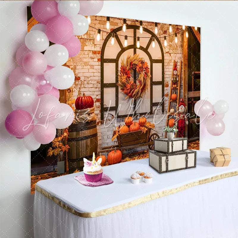 Celebrate Rustic Autumn Thanksgiving Backdrop with Pumpkins and Wreath Cozy Fall Harvest Background for Studio Photo Booth