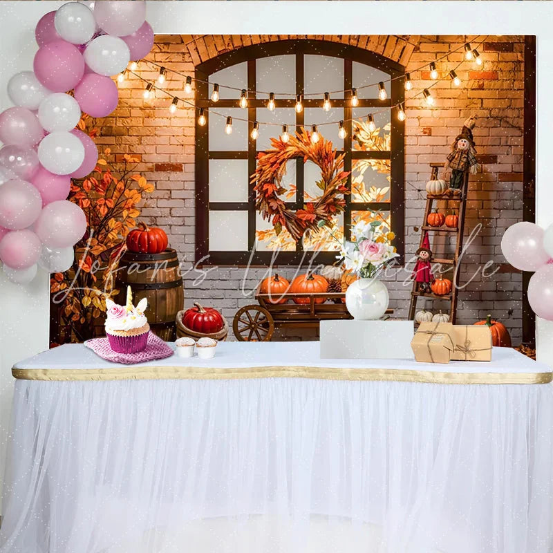 Celebrate Rustic Autumn Thanksgiving Backdrop with Pumpkins Cozy Brick Wall Background for Fall Harvest Party Decor