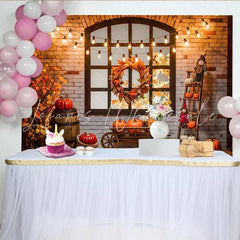 Celebrate Rustic Autumn Thanksgiving Backdrop with Pumpkins Cozy Brick Wall Background for Fall Harvest Party Decor