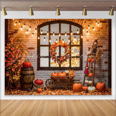 Celebrate Rustic Autumn Thanksgiving Backdrop with Pumpkins Cozy Brick Wall Background for Fall Harvest Party Decor