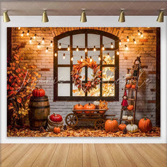 Celebrate Rustic Autumn Thanksgiving Backdrop with Pumpkins Cozy Brick Wall Background for Fall Harvest Party Decor