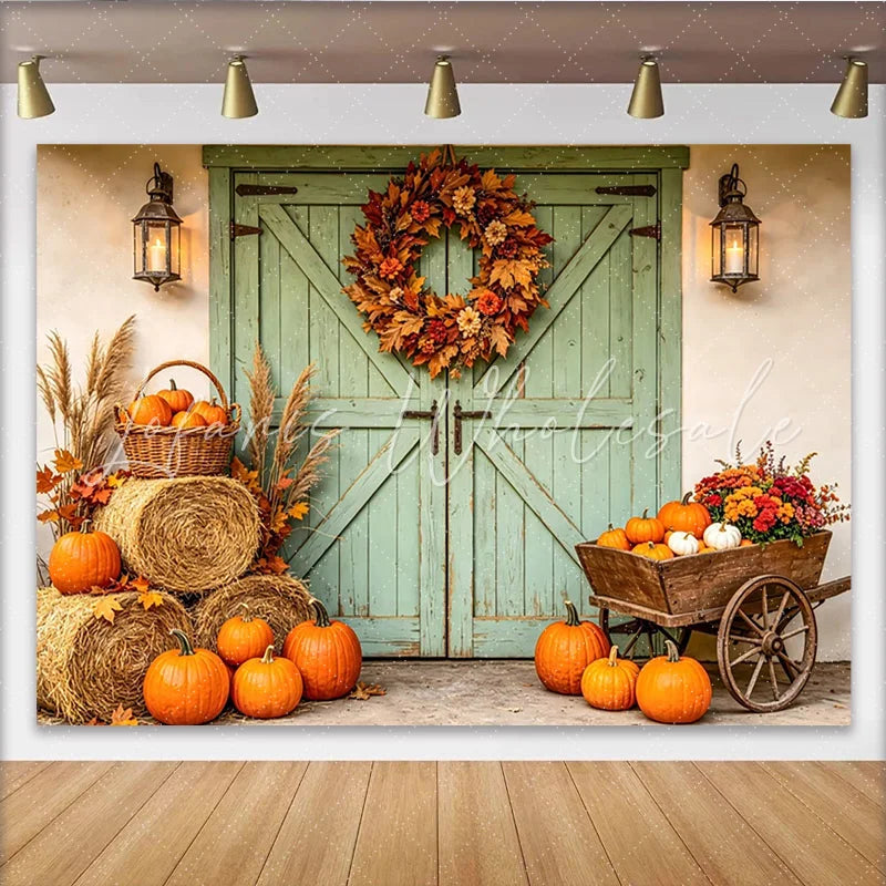 Celebrate Rustic Green Barn Door Autumn Backdrop with Pumpkins Harvest Hay Bales Background for Thanksgiving Party