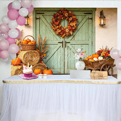 Celebrate Rustic Green Barn Door Autumn Backdrop with Pumpkins Harvest Hay Bales Background for Thanksgiving Party