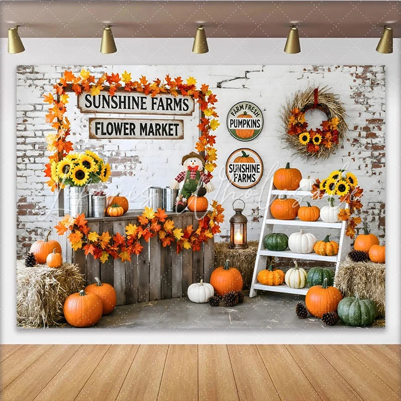 Celebrate Rustic Pumpkin Patch Autumn Backdrop for Fall Harvest Sunflowers and Maple Leaves Background for Studio Photo Booth