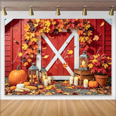 Celebrate Rustic Red Barn Autumn Thanksgiving Backdrop for Family Festive Holiday Party Banner with Pumpkins and Lanterns
