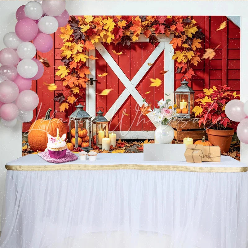 Celebrate Rustic Red Barn Autumn Thanksgiving Backdrop for Family Festive Holiday Party Banner with Pumpkins and Lanterns