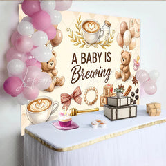 Celebrate Teddy Bear Coffee Baby Shower Backdrop with Balloons and Baby Blocks Cute A Baby Is Brewing Background for Gender Reveal Party