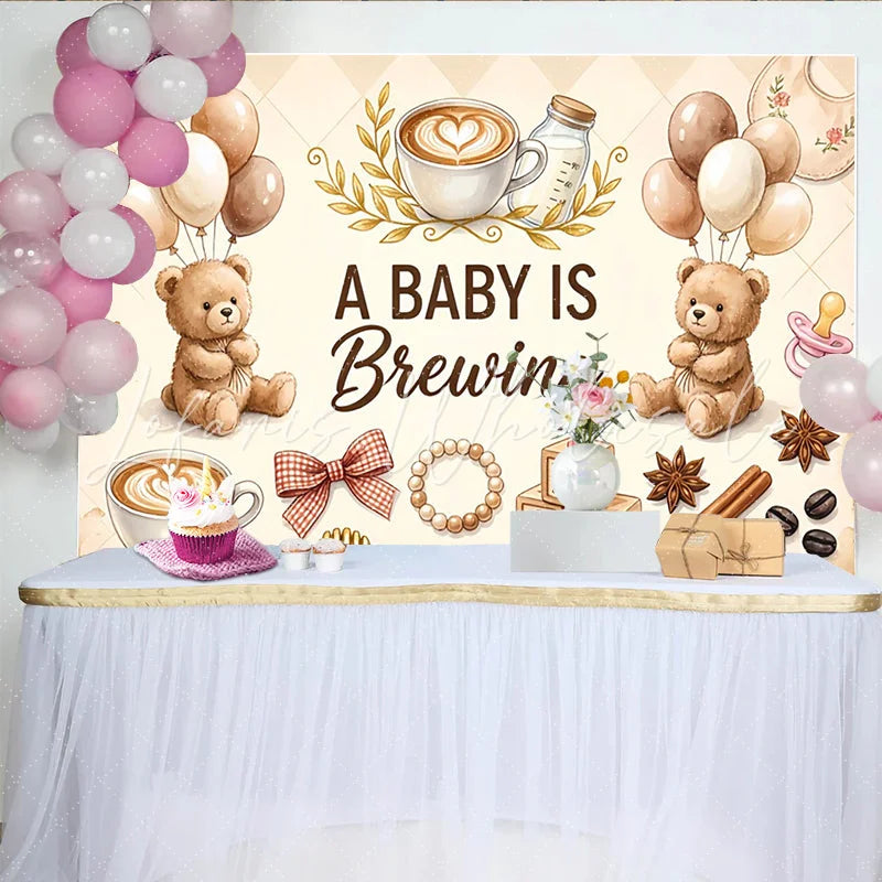 Celebrate Teddy Bear Coffee Baby Shower Backdrop with Balloons and Baby Blocks Cute A Baby Is Brewing Background for Gender Reveal Party