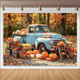 Celebrate Vintage Blue Truck Autumn Backdrop for Fall Harvest Photoshoot Rustic Pumpkin and Hay Barn Background for Studio Portrait