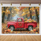 Celebrate Vintage Red Truck Autumn Backdrop for Thanksgiving Harvest Rustic Fall Forest Background with Pumpkins and Sunflowers