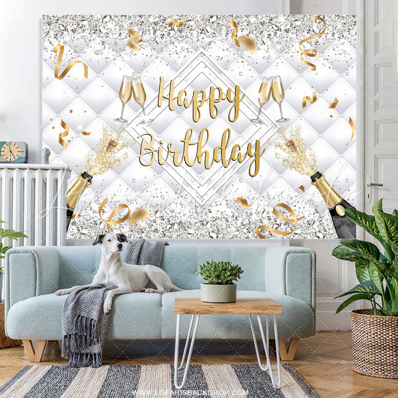 Lofaris Champagne Bottle Glass Ribbion Happy Birthday Backdrop