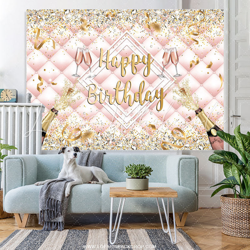 Lofaris Champagne Bottle Ribbions Happy Birthday Backdrop