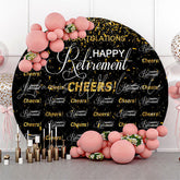 Lofaris Cheers Gold Glitter Black Circle Retirement Backdrop
