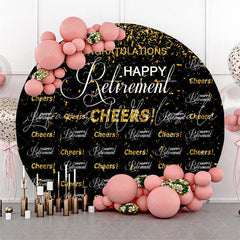 Lofaris Cheers Gold Glitter Black Circle Retirement Backdrop