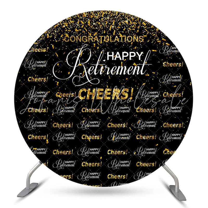 Lofaris Cheers Gold Glitter Black Circle Retirement Backdrop