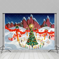 Lofaris Children Around Xmas Tree Snowy Christmas Backdrop