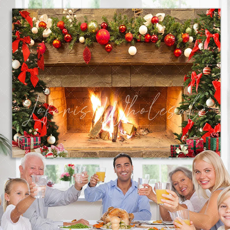 Lofaris Christmas Backdrop with Warm Fireplace Bonfire