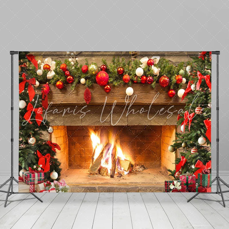 Lofaris Christmas Backdrop with Warm Fireplace Bonfire