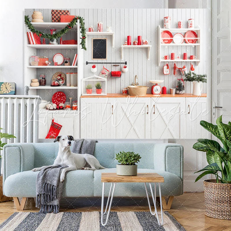 Lofaris Christmas Kitchen Backdrop White Wall for Photoshoot