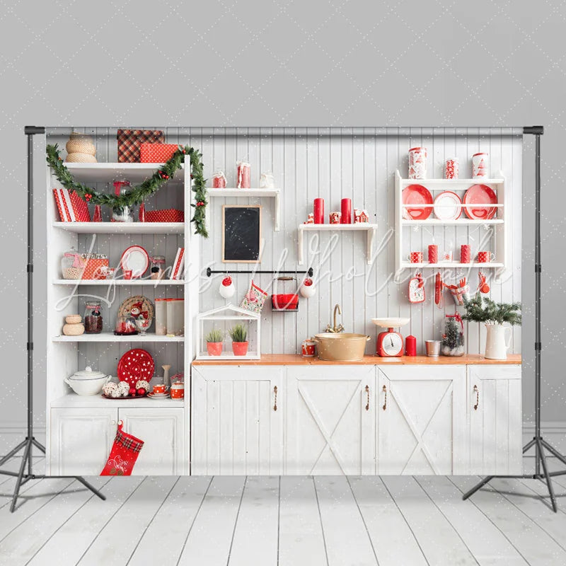 Lofaris Christmas Kitchen Backdrop White Wall for Photoshoot