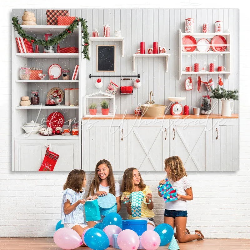 Lofaris Christmas Kitchen Backdrop White Wall for Photoshoot