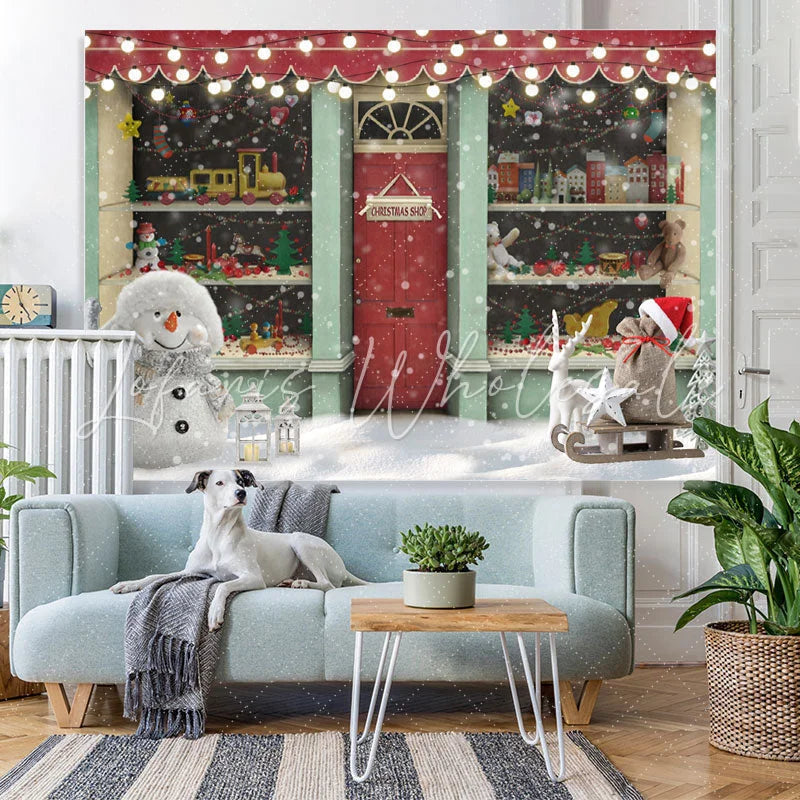 Lofaris Christmas Shop Glitter Light Snowman Backdrop