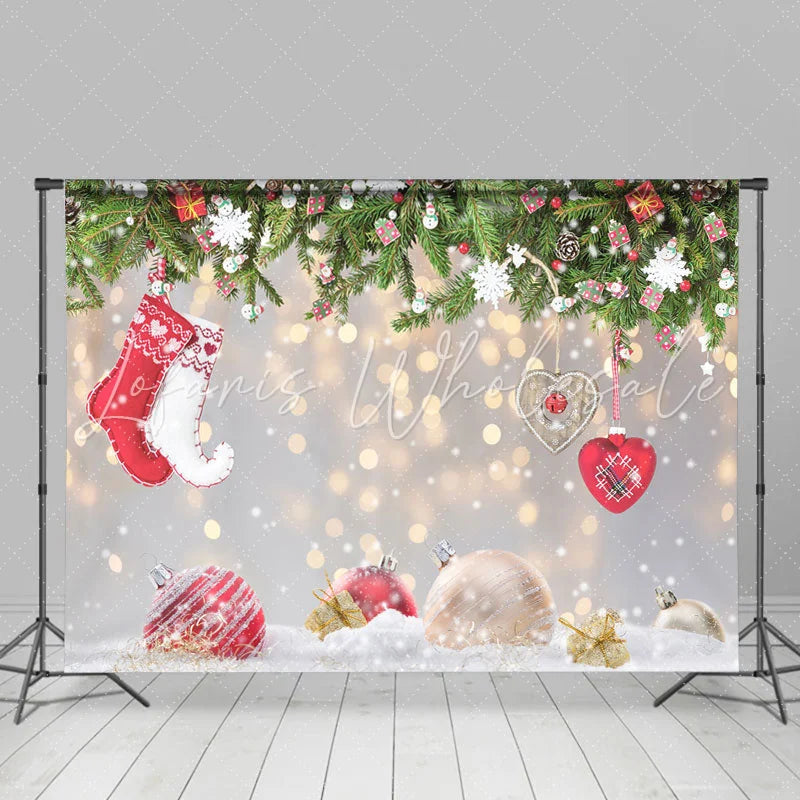 Lofaris Christmas Socks Snowflake Tree Gold Glitter Photo Backdrop