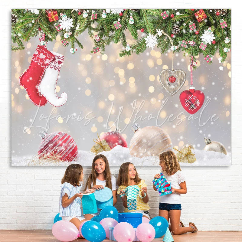 Lofaris Christmas Socks Snowflake Tree Gold Glitter Photo Backdrop