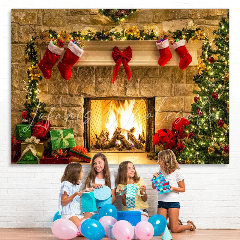 Lofaris Christmas stocking And Tree Brick Backdrop