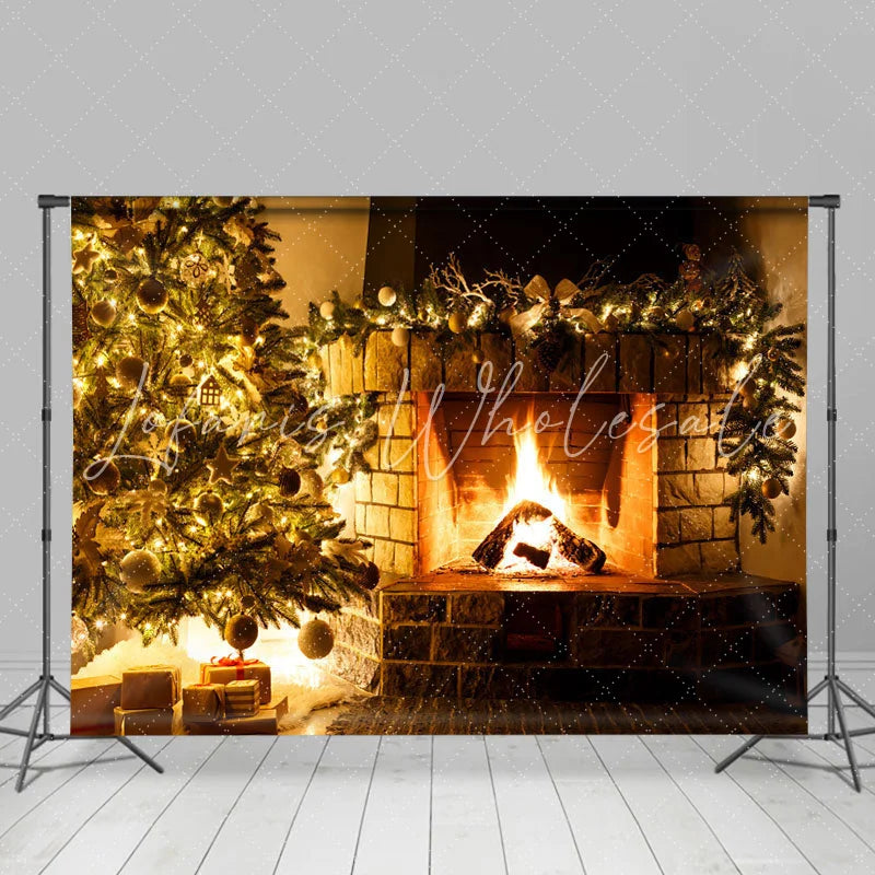 Lofaris Christmas Tree and Fireplace Cozy Backdrop