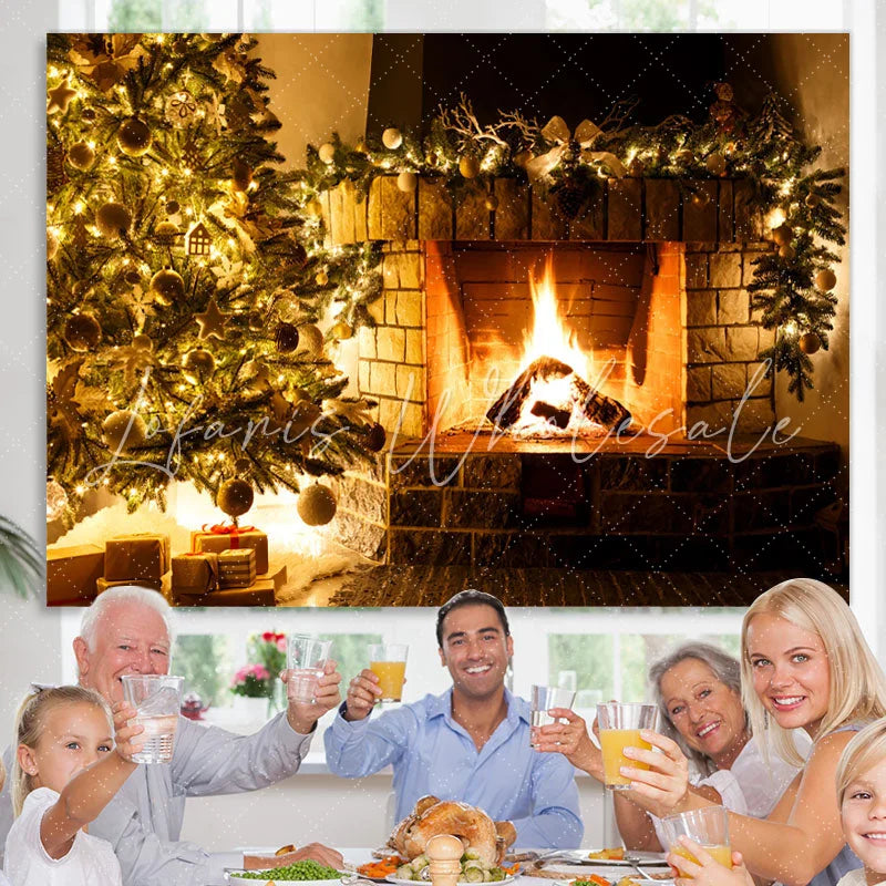 Lofaris Christmas Tree and Fireplace Cozy Backdrop