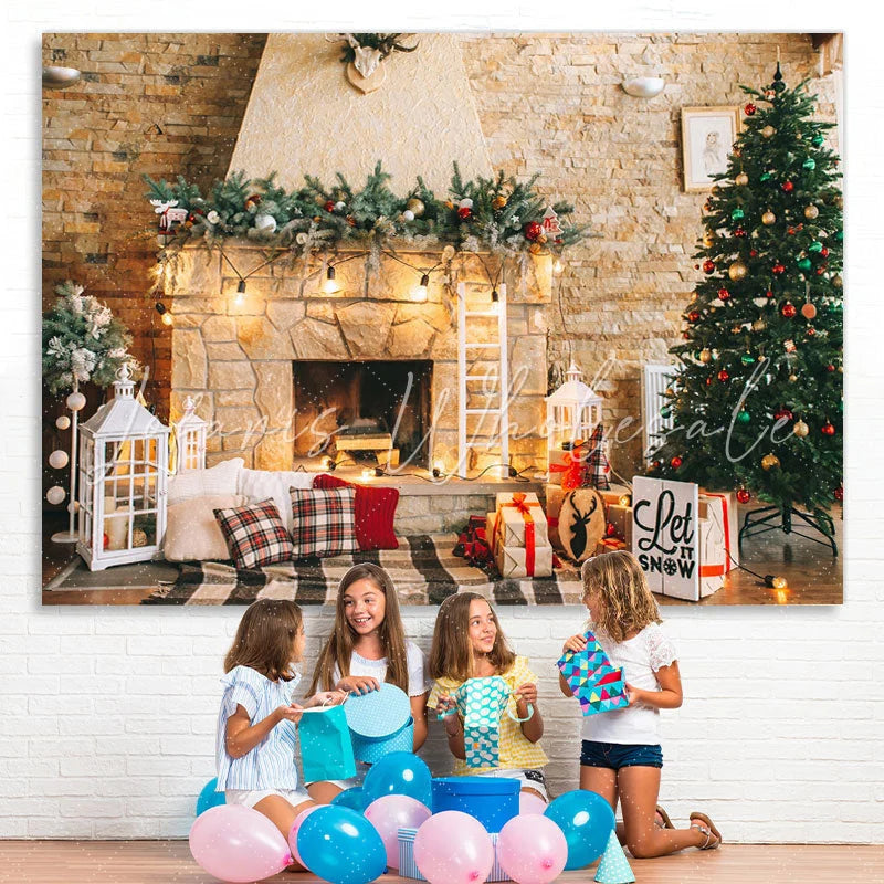 Lofaris Christmas Tree And Fireplace Light Backdrop