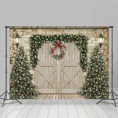 Lofaris Christmas Tree and Wooden Door Party Backdrop