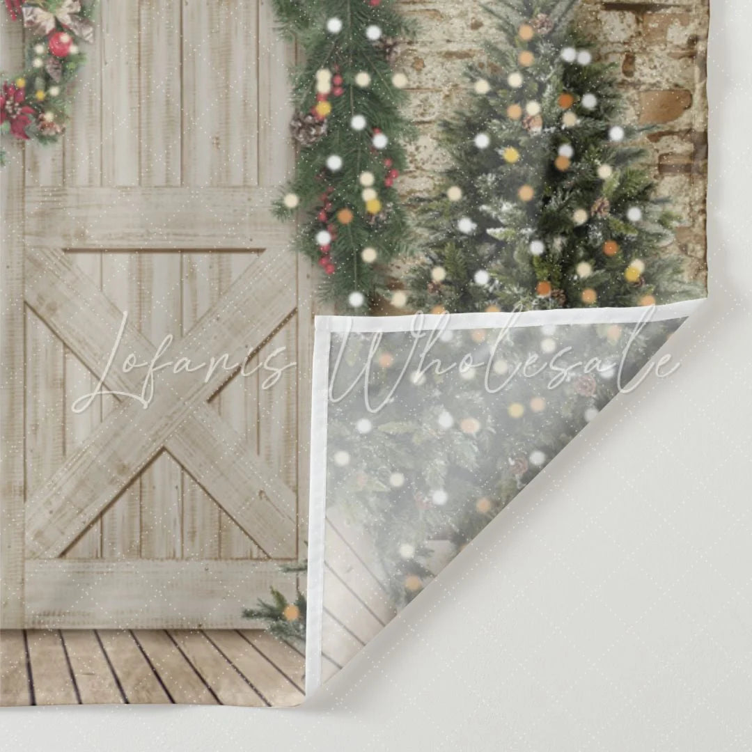 Lofaris Christmas Tree and Wooden Door Party Backdrop
