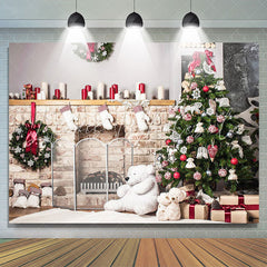 Lofaris Christmas Tree Brick Fireplace Bear Wreath Backdrop