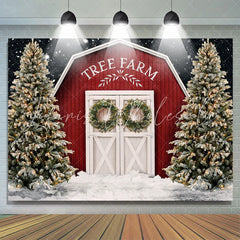 Lofaris Christmas Tree Farm Snow Red Wooden Cabin Backdrop