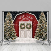 Lofaris Christmas Tree Farm Snow Red Wooden Cabin Backdrop