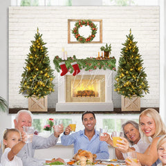 Lofaris Christmas Tree Fireplace White Brick Wall Party Backdrop