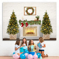 Lofaris Christmas Tree Fireplace White Brick Wall Party Backdrop