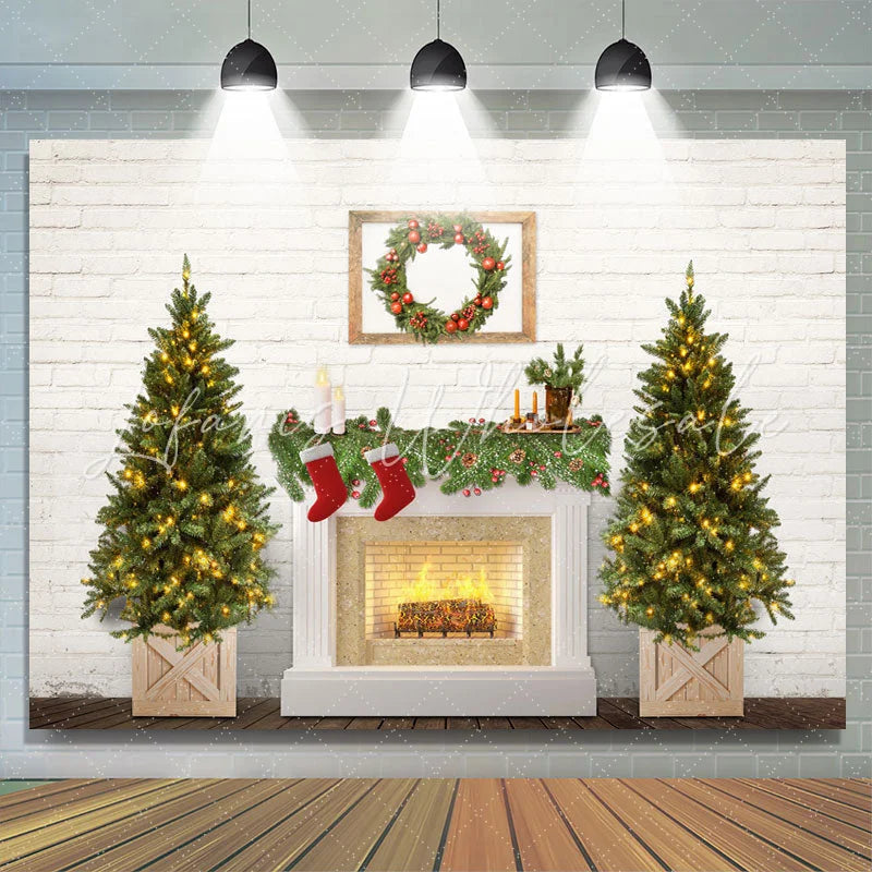 Lofaris Christmas Tree Fireplace White Brick Wall Party Backdrop