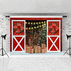 Lofaris Christmas Tree Gift Wooden Light Red Wreath Backdrops