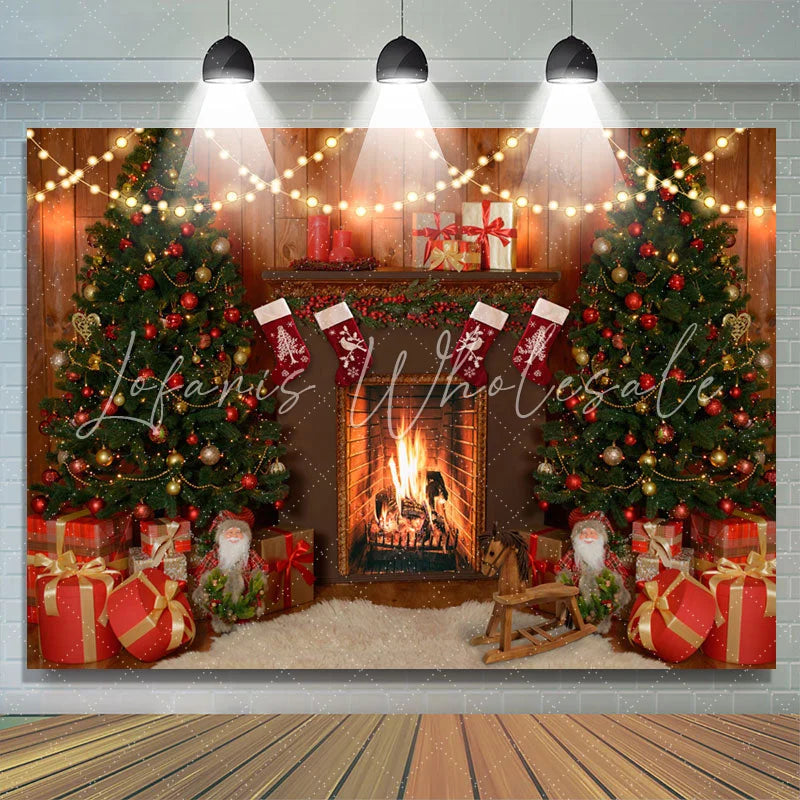 Lofaris Christmas Tree Gifts In Warm Mantel Backdrop For Party