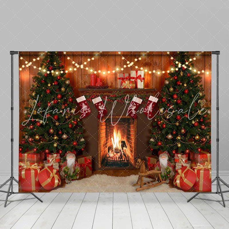 Lofaris Christmas Tree Gifts In Warm Mantel Backdrop For Party