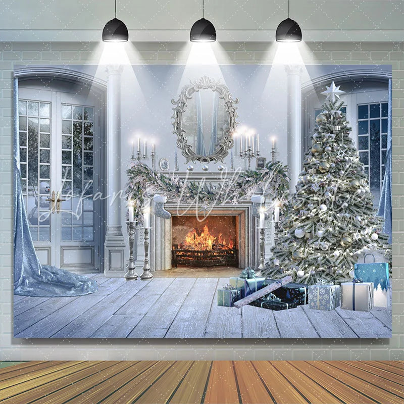 Lofaris Christmas Tree Gifts White Wood Fireplace Backdrop