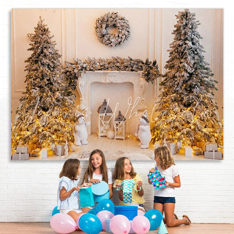 Lofaris Christmas Tree Light Bear White Wall Backdrop for Party